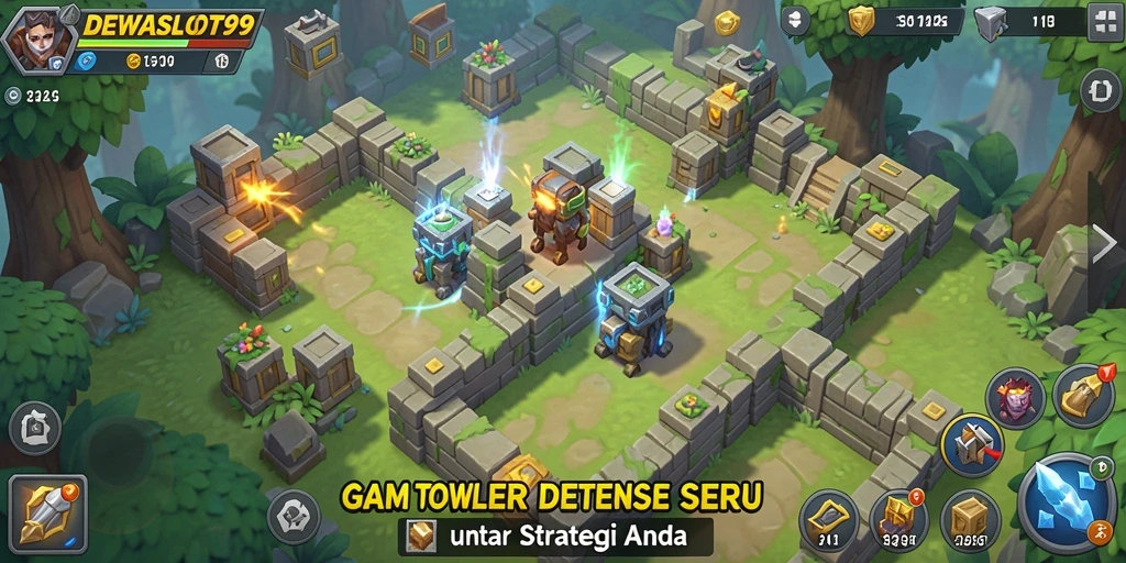 Screenshot gameplay DEWASLOT99 menampilkan pertarungan Tower Defense yang mendebarkan.