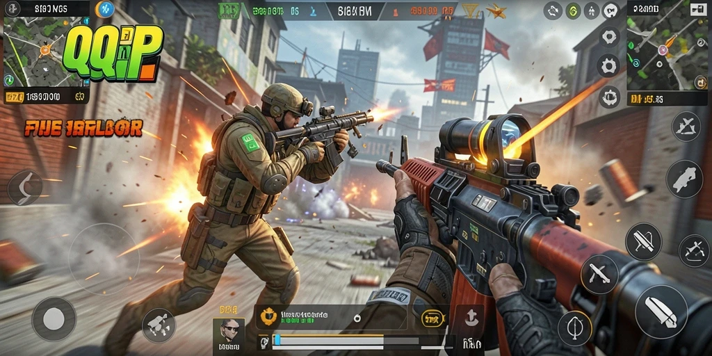 Tampilan gameplay <strong>QQRP</strong> dengan aksi tembak-menembak yang mendebarkan.